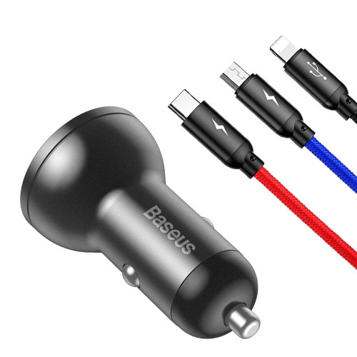 BASEUS nabíjačka do auta 2 x USB A s digitálnym displejom + kábel 3v1 Micro USB / Lightning / Typ C 4,8A 24W TZCCBX-0G čierna