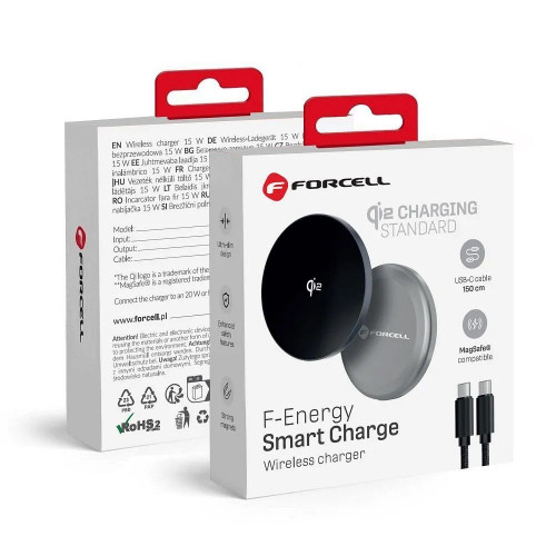 Bezdrôtová nabíjačka FORCELL F-ENERGY Smart Charge Qi2 15 W so 150 cm odpojiteľným káblom kompatibilným s MagSafe strieborná