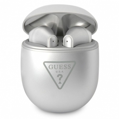 Bezdrôtové slúchadlá GUESS bluetooth TWS + dokovacia stanica GUTWST82TRS (Triangle Logo) strieborná
