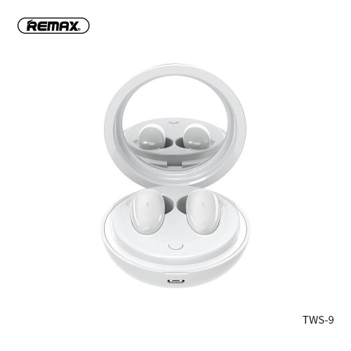 Bezdrôtové stereo slúchadlá do uší REMAX TWS-9 s dokovacou stanicou a zrkadlom biele