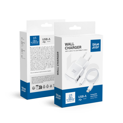 Cestovná nabíjačka BLUE STAR 1A 5W USB A + kábel USB A na Lightning TFK-TC-1100B biela
