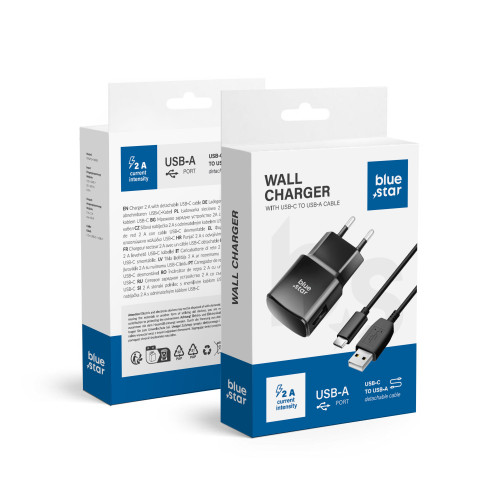 Cestovná nabíjačka BLUE STAR 2A 10W USB A + kábel USB A na typ C TFK-TC-1100B čierna