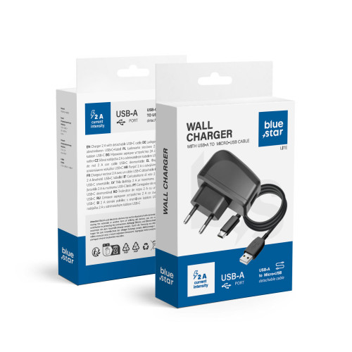 Cestovná nabíjačka BLUE STAR LITE 2A 10W USB A + kábel USB A na Micro USB TFK-TC-1095B čierna