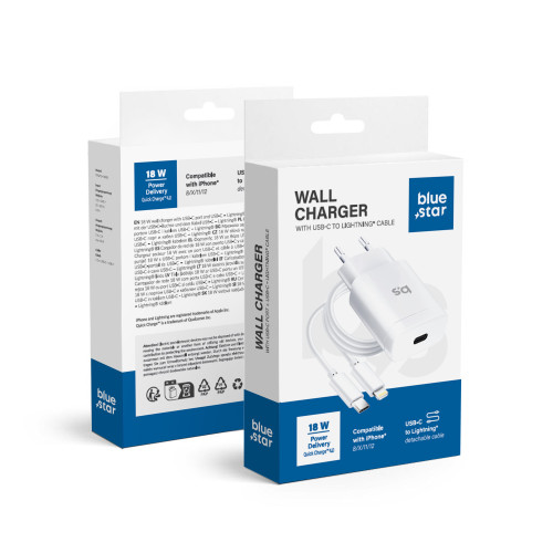 Cestovná nabíjačka BLUE STAR typu C + kábel Type C to Lightning PD QC4.0 3A 18W TFK-TC-1099C biela