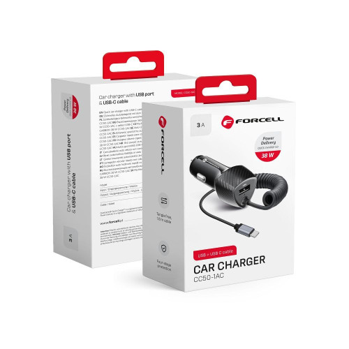 FORCELL F-ENERGY Carbon CC50-1AC nabíjačka do auta USB A s káblom Typ C PD QC3.0 3A 38W čierna
