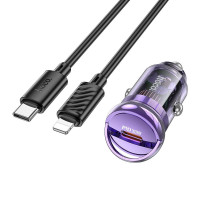 HOCO nabíjačka do auta typ C + kábel typ C na Lightning PD QC3.0 30W Z53 fialová