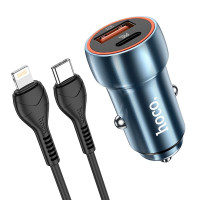 HOCO nabíjačka do auta USB A + typ C + kábel typ C na Lightning PD QC3.0 3A 20W Z46A zafírovo modrá