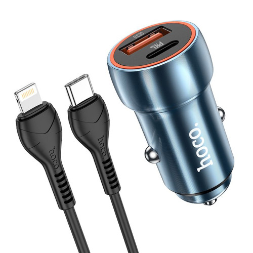HOCO nabíjačka do auta USB A + typ C + kábel typ C na Lightning PD QC3.0 3A 20W Z46A zafírovo modrá