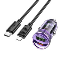 HOCO nabíjačka do auta USB A + typ C + kábel typ C na Lightning PD QC3.0 3A 30W Z53A fialová