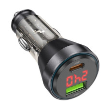 HOCO nabíjačka do auta USB A + typ C s digitálnym displejom + kábel typ C na Lightning PD QC3.0 3A 48W NZ12B transparentná čierna