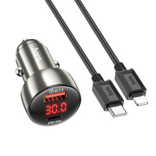 HOCO nabíjačka do auta USB A + typ C s digitálnym displejom + kábel typ C na Lightning PD QC3.0 3A 48W Z50 kovovo sivá