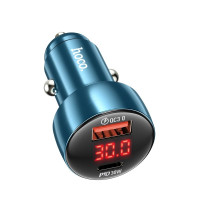 HOCO nabíjačka do auta USB A + typ C s digitálnym displejom PD QC3.0 3A 48W Z50 modrá