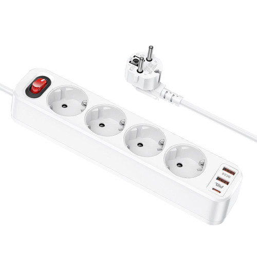 HOCO napájacia lišta 4-bitová predlžovacia zásuvka + 2 x USB A + typ C PD QC 3A 20W NS1 biela