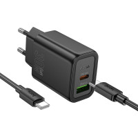 Nástenná nabíjačka HOCO USB A + typ C + kábel typ C na typ C PD QC3.0 3A 30W N63 čierna